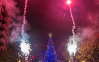 City LED Christmas Tree Lighting ceremony with crowd and fireworks.